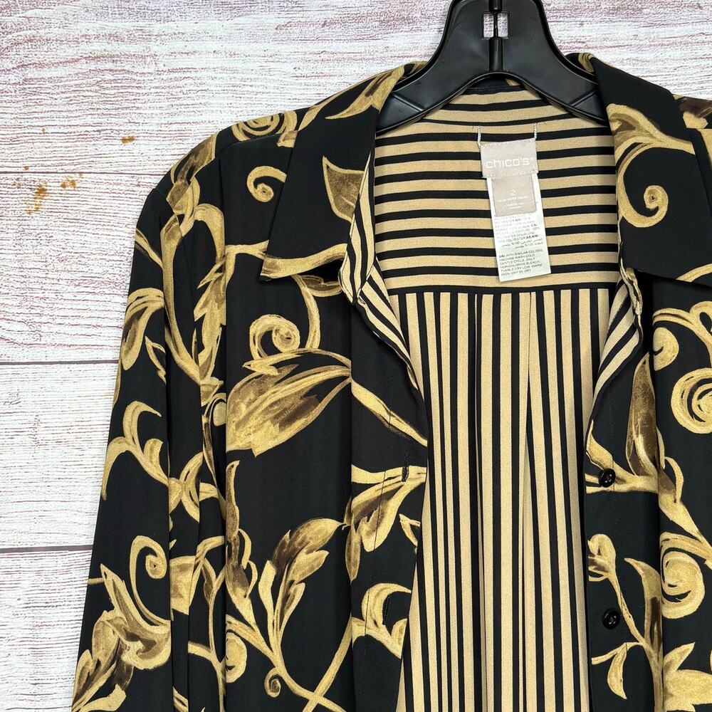 Chico's Black & Gold Reversible Button Up Timeless Classic Shirt Size 2 Large - Picture 12 of 16